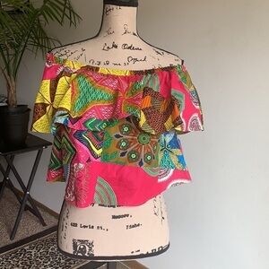 Boutique Amber Wax Print Patchwork Off Shoulder Ruffle Crop Top Size Medium